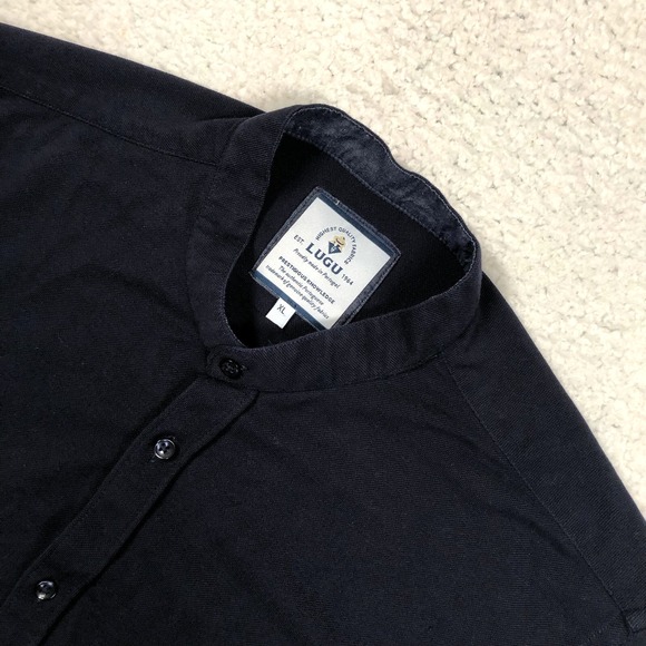 Lugu Band Collar Button Shirt Mens Tag XL (ACTUAL M) Dark Navy Blue Short Sleeve - Picture 1 of 13
